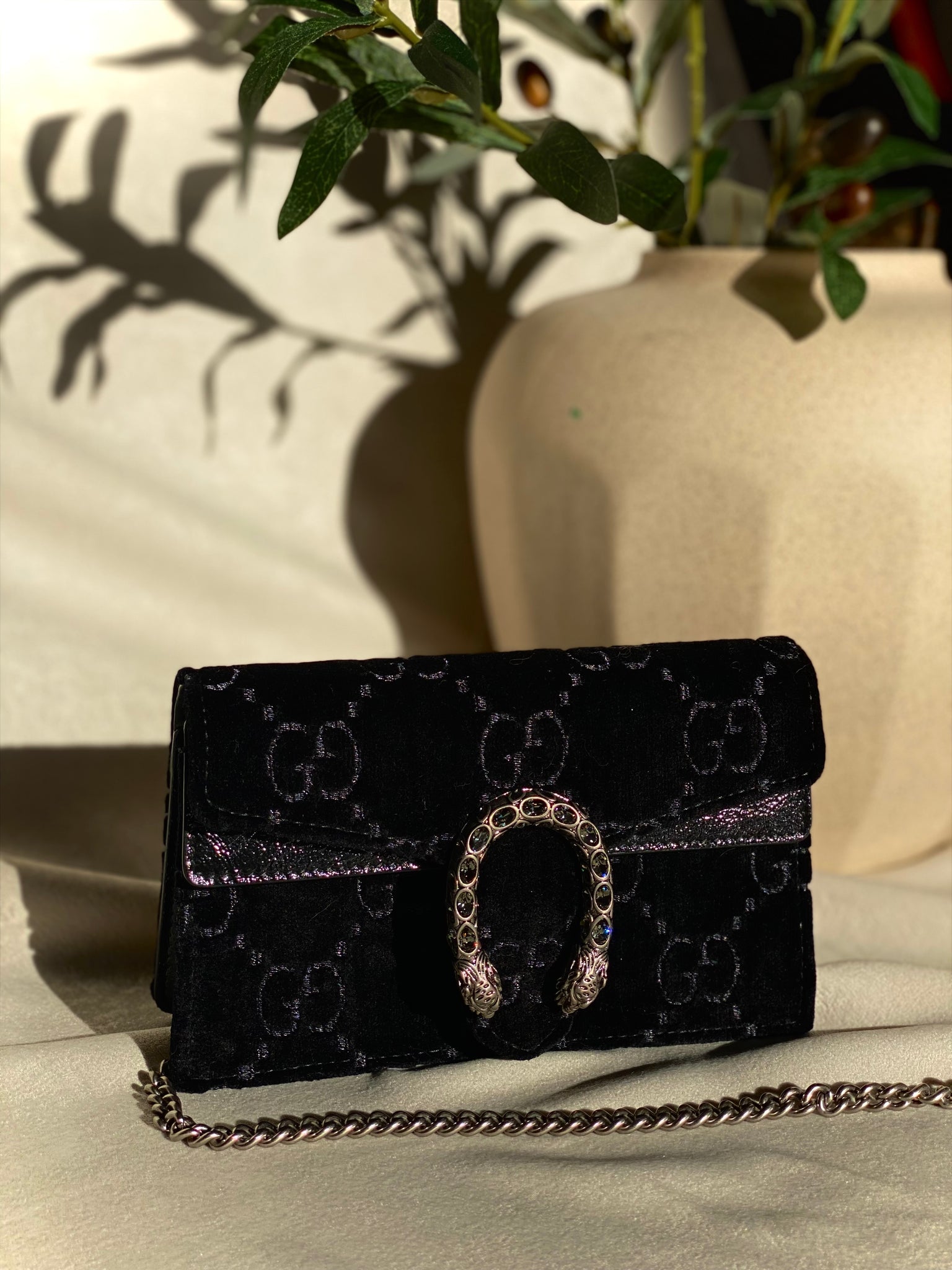 Gucci Super Mini Dionysus GG Velvet black, Luxury, Bags & Wallets